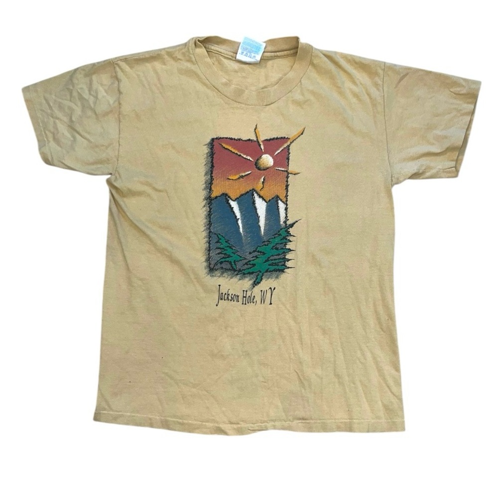 Vintage Jackson Hole, WY Beige Single Stitch Short Sleeve T Shirt Medium USA